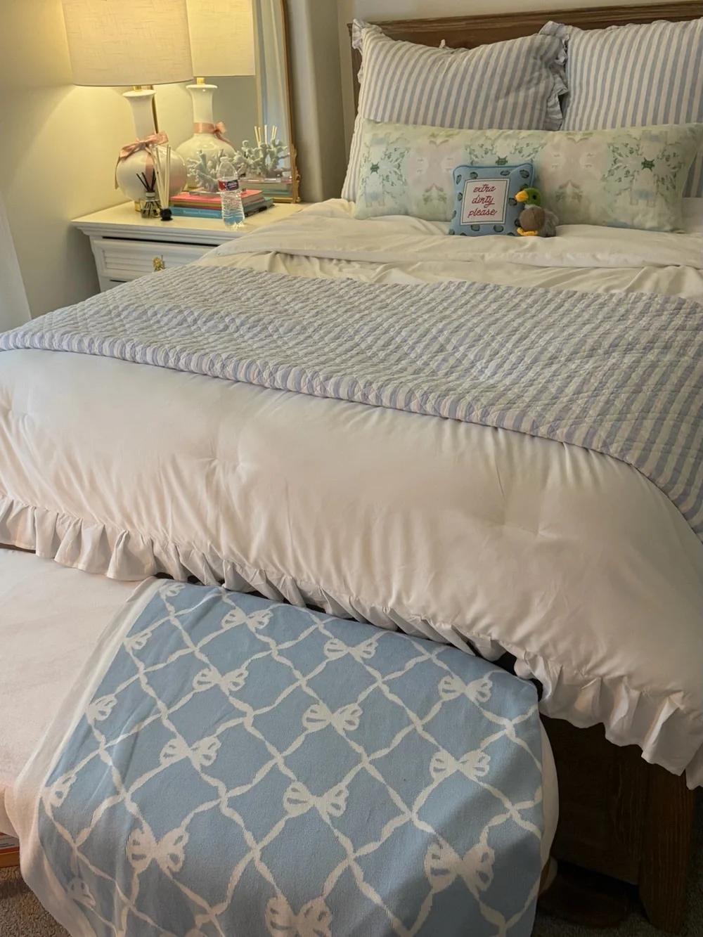 loveshackfancy bow throw blanket blue and white reversible